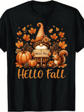 Hello Fall Gnome Squirrel Pumpkin Maple Leaf Pinecone Buffalo Plaid Graphic Short Sleeve T-Shirt, Cute Autumn Harvest Season Casual Tee Top