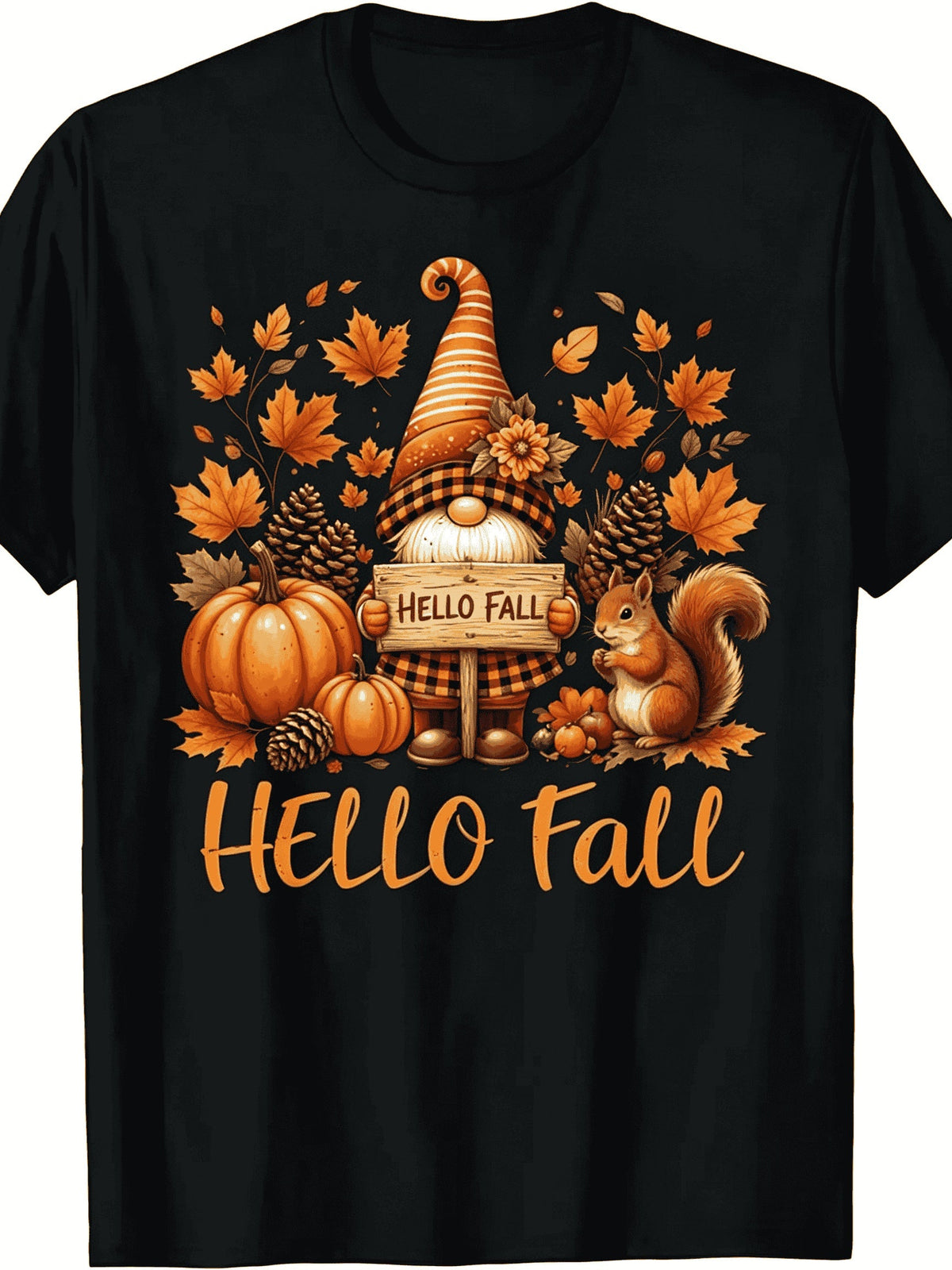 Hello Fall Gnome Squirrel Pumpkin Maple Leaf Pinecone Buffalo Plaid Graphic Short Sleeve T-Shirt, Cute Autumn Harvest Season Casual Tee Top
