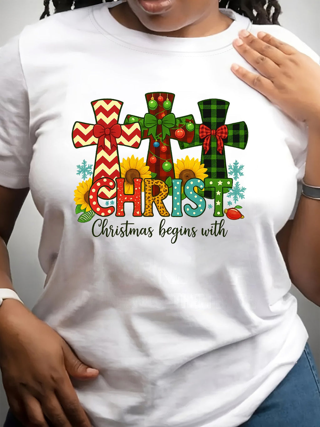 Christ Christmas Begins With Cross T-Shirt Sunflower Faith Graphic Tee