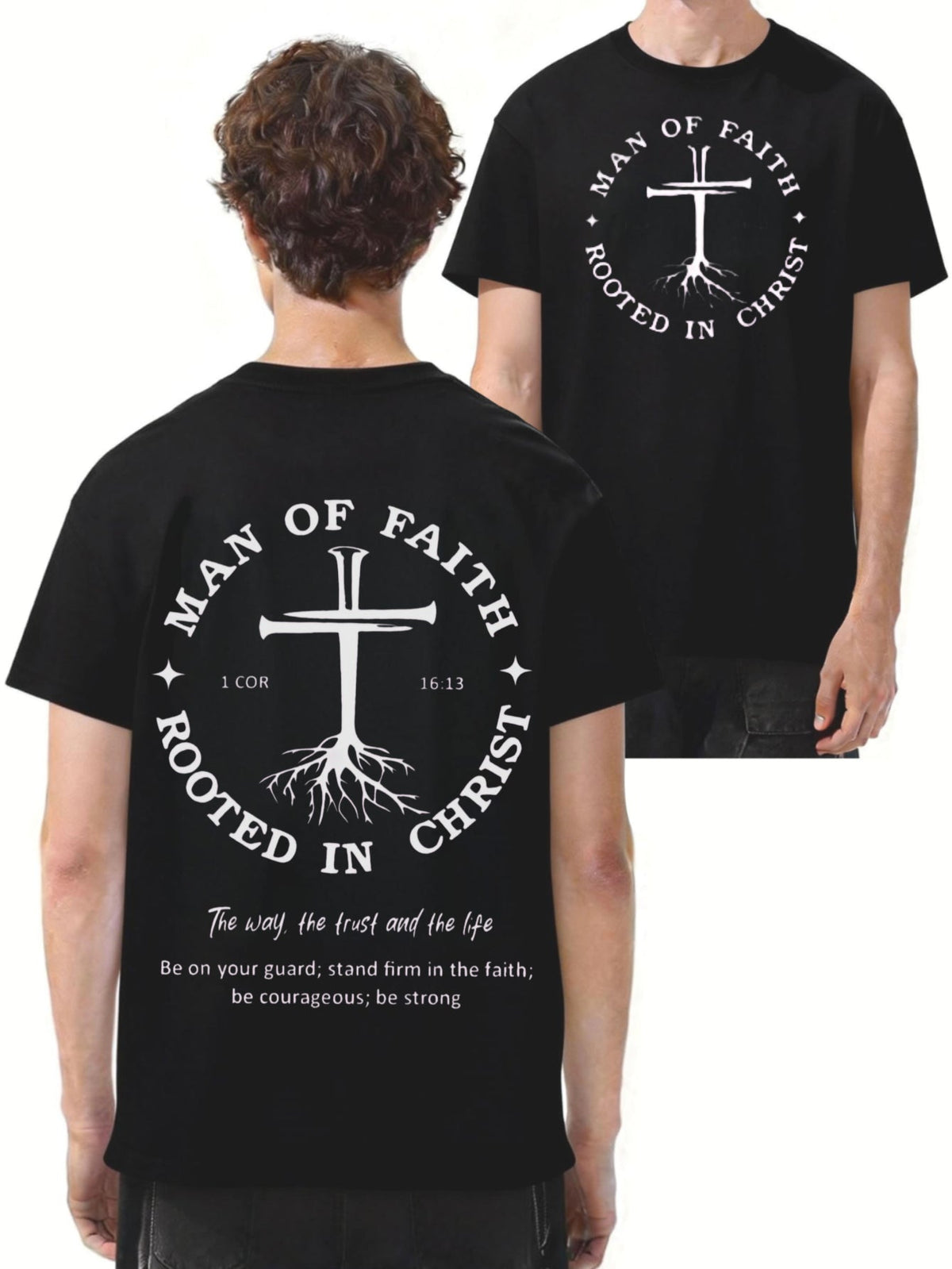 Man Of Faith Rooted In Christ T-Shirt, Vintage Streetwear Double-Sided Print Graphic Tee, Round Neck Short Sleeve Top