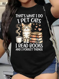That's What I Do I Pet Cats I Read Books And I Forget Things Tabby Cat Coffee Stacked Books Heart Graphic Short Sleeve T-Shirt, Funny Book Lover Cat Mom Casual Tee Top