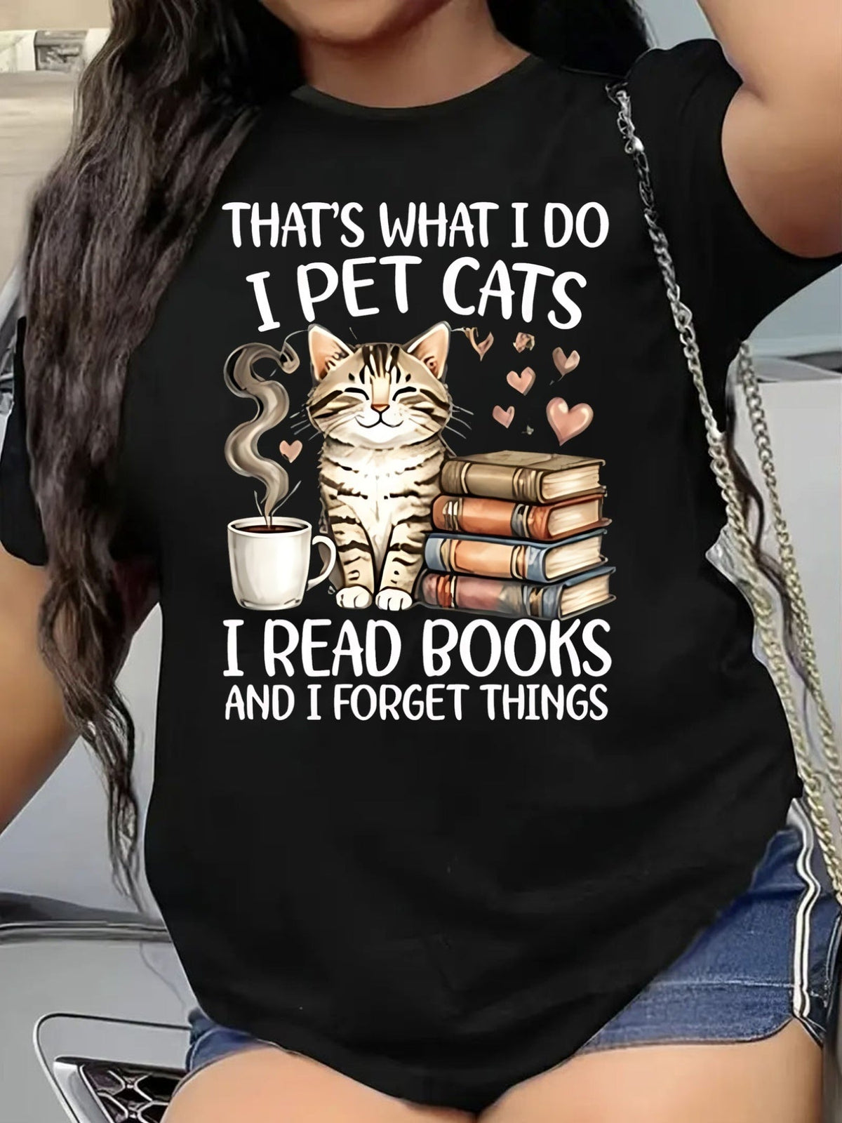 That's What I Do I Pet Cats I Read Books And I Forget Things Tabby Cat Coffee Stacked Books Heart Graphic Short Sleeve T-Shirt, Funny Book Lover Cat Mom Casual Tee Top
