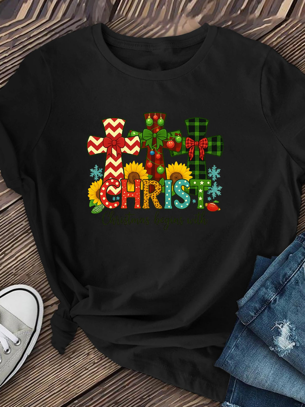 Christ Christmas Begins With Cross T-Shirt Sunflower Faith Graphic Tee