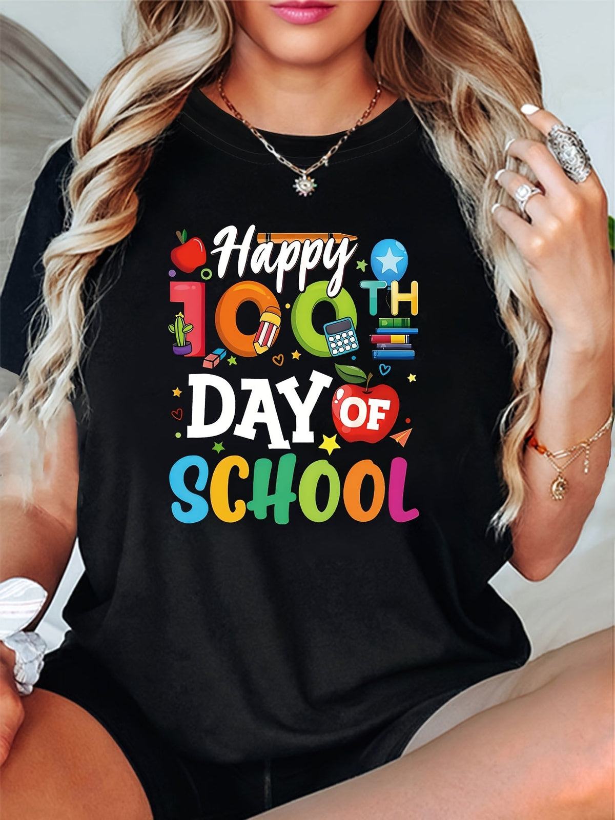 Happy 100th Day Of School Apple Pencil Book Calculator Colorful Graphic Short Sleeve T-Shirt, 100 Days Of School Teacher Student Casual Tee Top