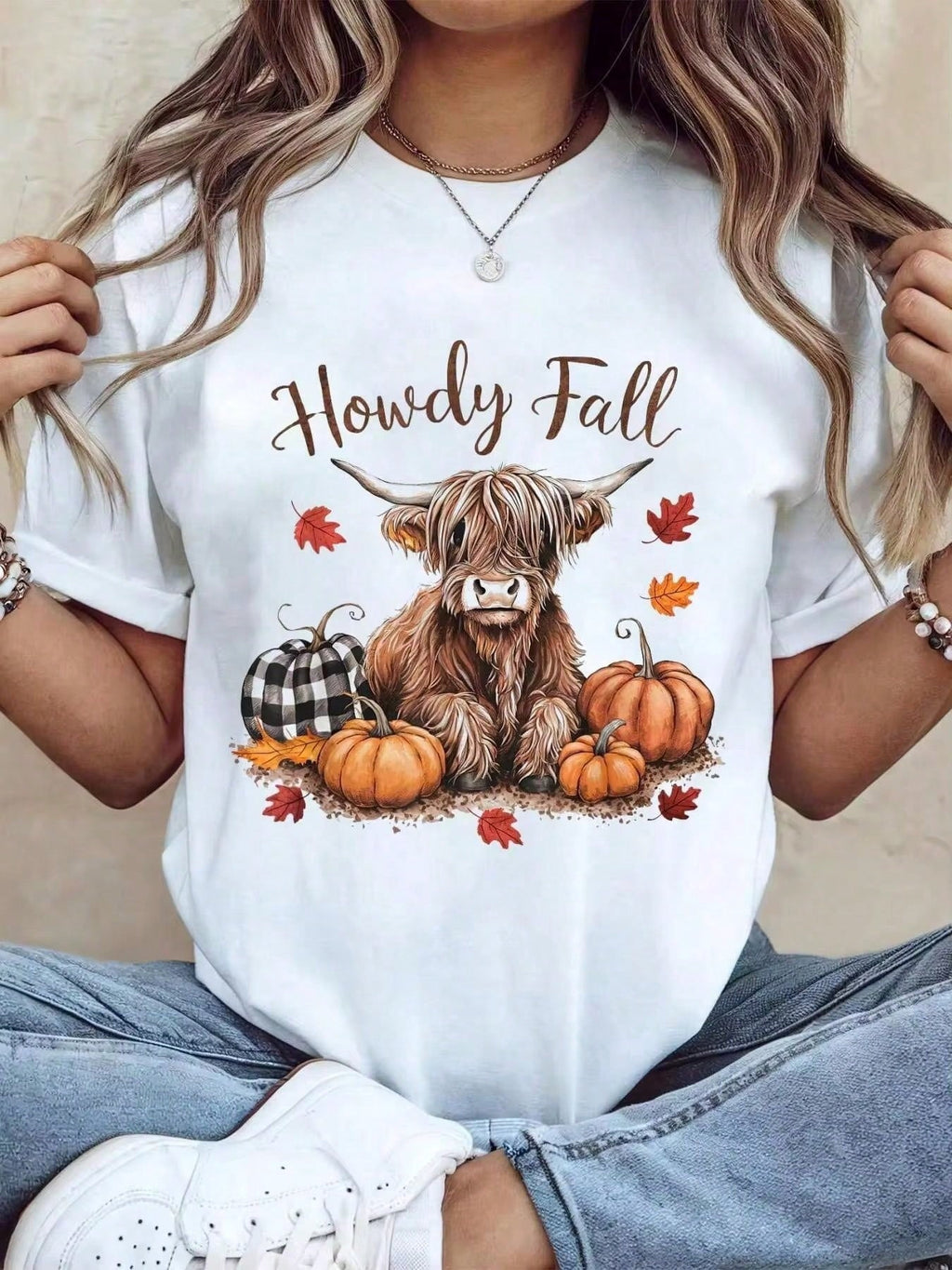 100% Cotton Thanksgiving Graphic Women T Shirt Howdy Fall Highland Cow Happy Thanksgiving Autumn Vibes Fall T-Shirt