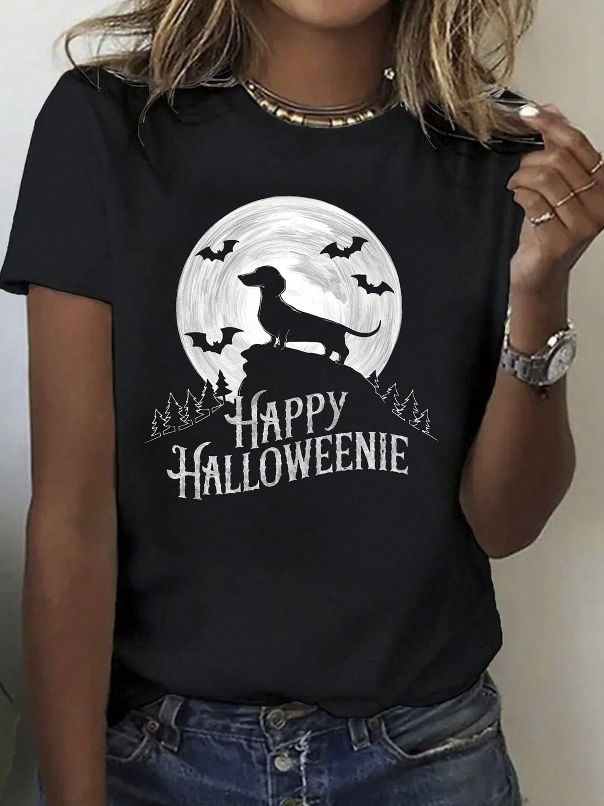 100%, Dachshund Happy Pattern Printed T-Shirt, Spring And Summer Round Neck Short Sleeve Women's T-Shirt, Breathable Casual S Top, Holiday Gift