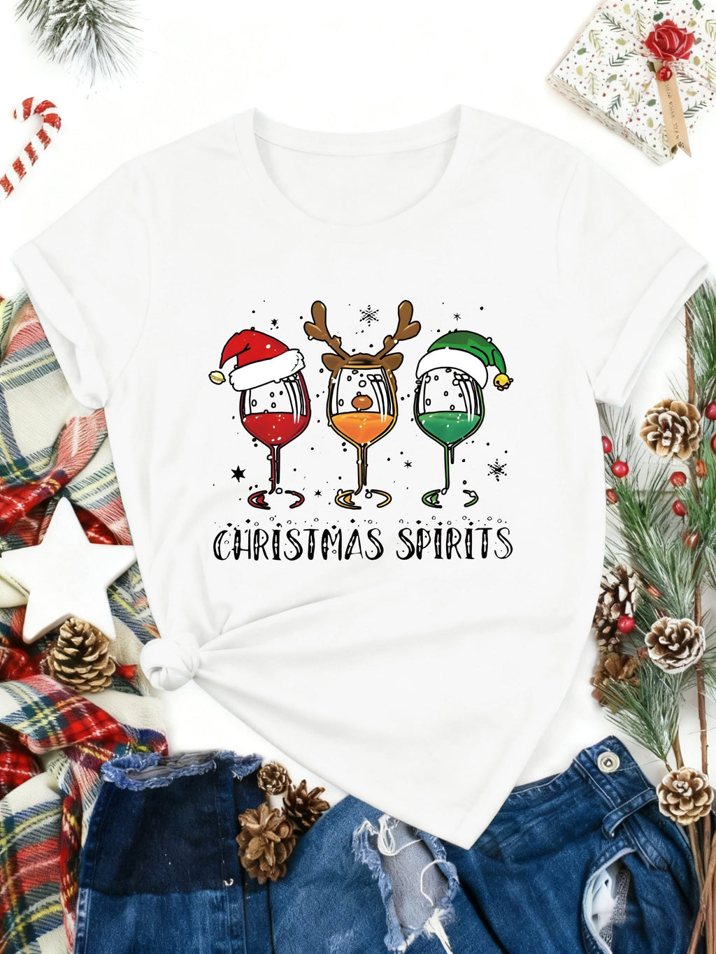 Women’s Christmas Spirits Wine Glass Graphic Short‑Sleeve T‑Shirt, Round Neck Casual Top for Holiday Christmas Parties