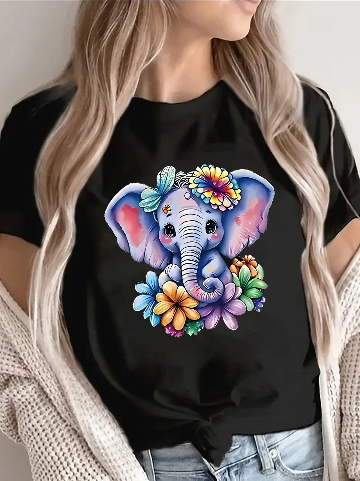 Cute Floral Baby Elephant Graphic Short Sleeve T‑Shirt, Colorful Flower Butterfly Animal Print Casual Everyday Tee Top