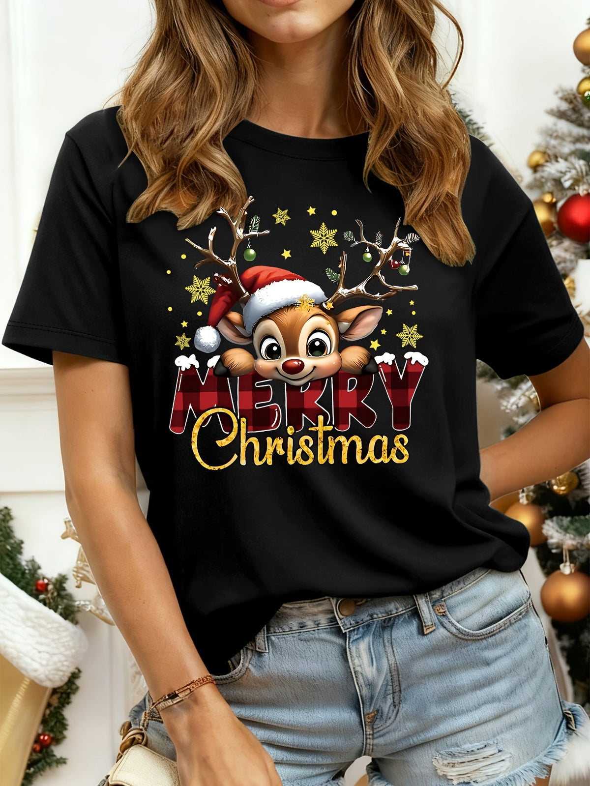 Women’s Cute Christmas Reindeer Merry Christmas Graphic T‑Shirt，Round Neck Casual Festive Top For Women