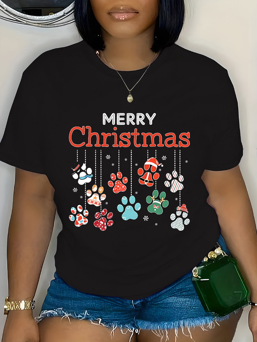Plus Size Merry Christmas T-Shirt Cute Dog Paw Print Graphic Tee Women's Holiday Short Sleeve Crewneck Top