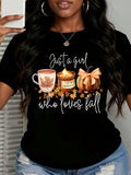 Just A Girl Who Loves Fall Cozy Autumn Mug Candle Pumpkin Graphic T Shirt Women Casual Short Sleeve Top Seasonal Fashion Shirt