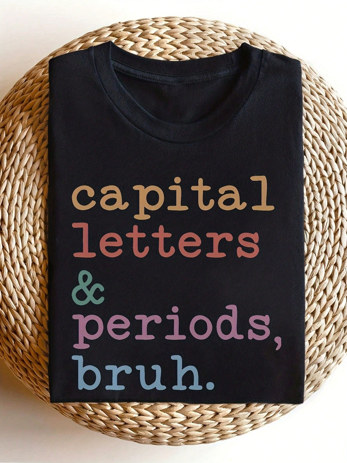 Funny Grammar Teacher T‑Shirt, Capital Letters & Punctuation Print, Crew Neck Short‑Sleeve Casual Tee