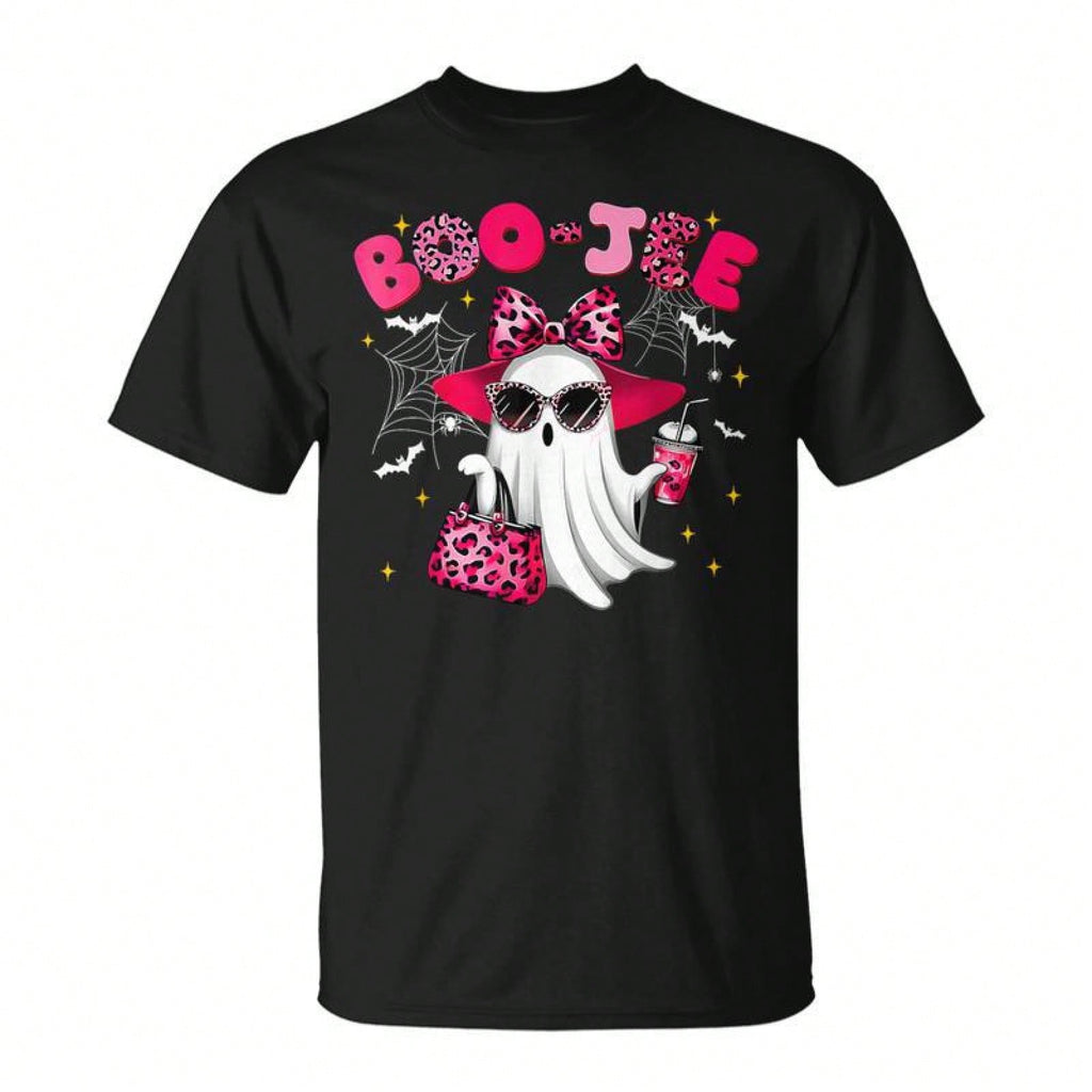 Cute Boo Jee Ghost Halloween Pink Leopard Bow Ghost T-Shirt Women's T-Shirt