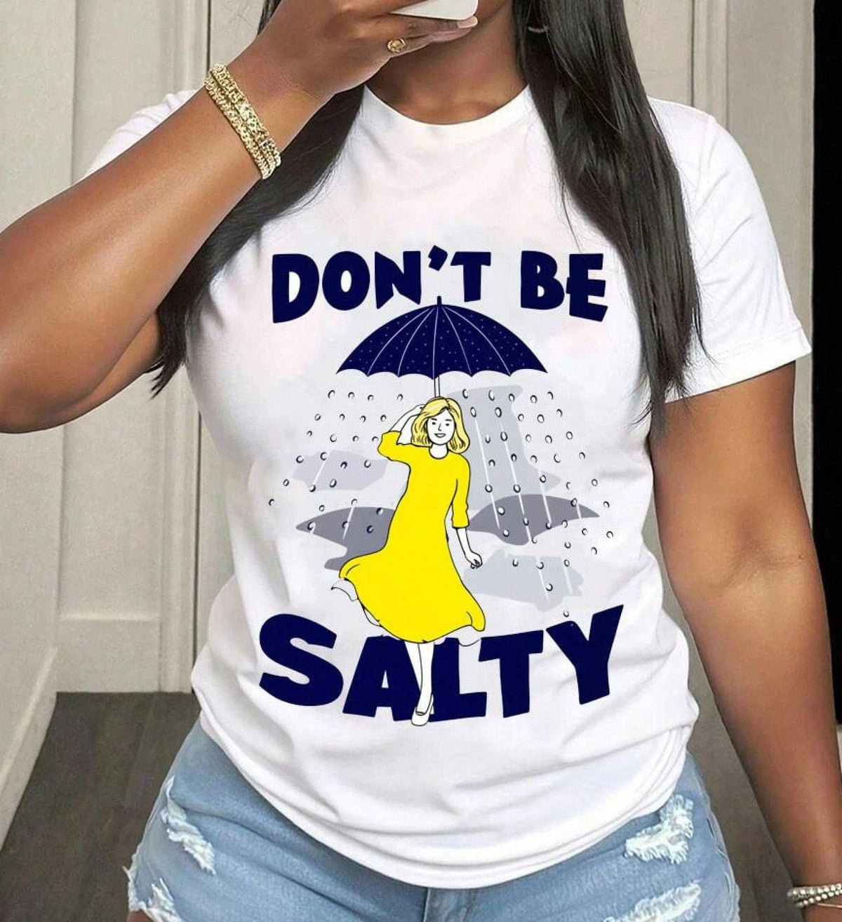 Women's Don't Be Salty Graphic T-Shirt Funny Rain Umbrella Girl Print Casual Short Sleeve Crewneck Cotton Tee