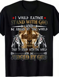 Lion Knight Cross Graphic Print Black TShirt Crew Neck Casual Cotton Tee Medium Stretch Knit Fabric Regular Fit
