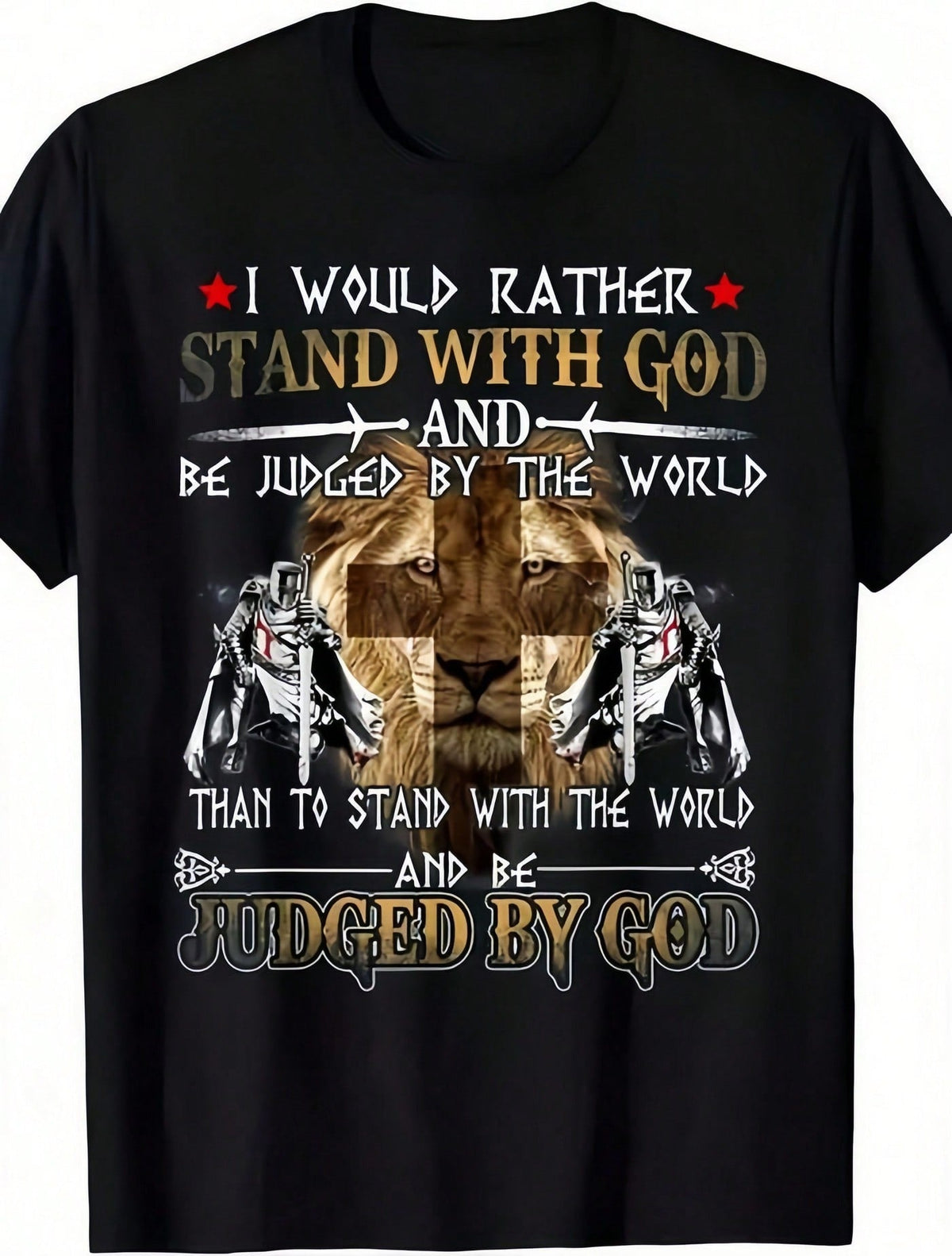 Lion Knight Cross Graphic Print Black TShirt Crew Neck Casual Cotton Tee Medium Stretch Knit Fabric Regular Fit