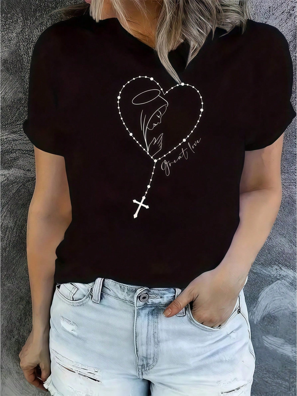 Women Clothes Angel Heart Cross Print Black TShirt, Unisex Casual Crew Neck Tshirt