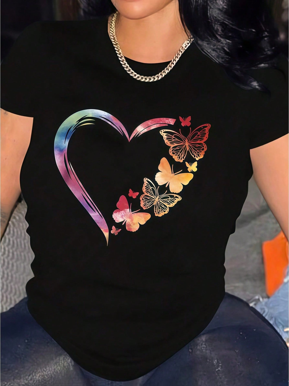 Women Clothes Heart Butterfly Print Black TShirt, Unisex Casual Crew Neck
