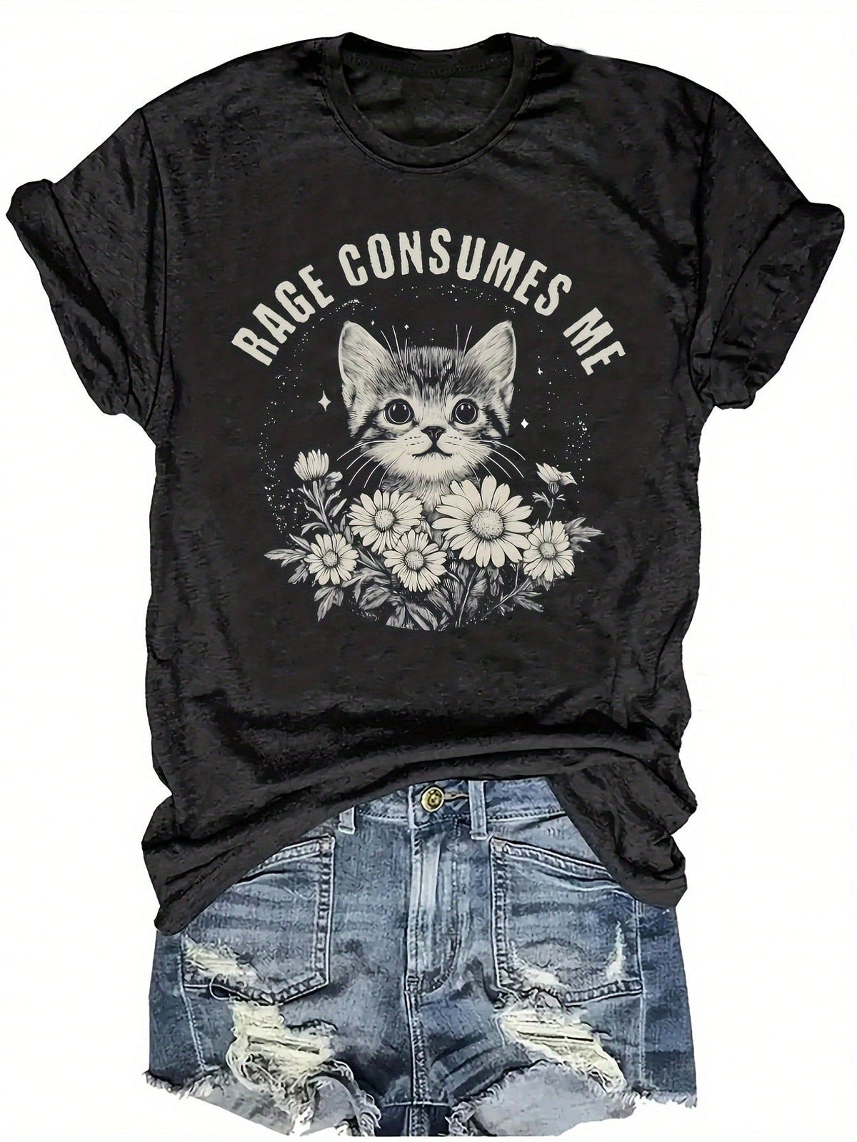 Lady Rage Consumes Me Print Tee Cute Kitten Wildflower Crew Neck Casual Top