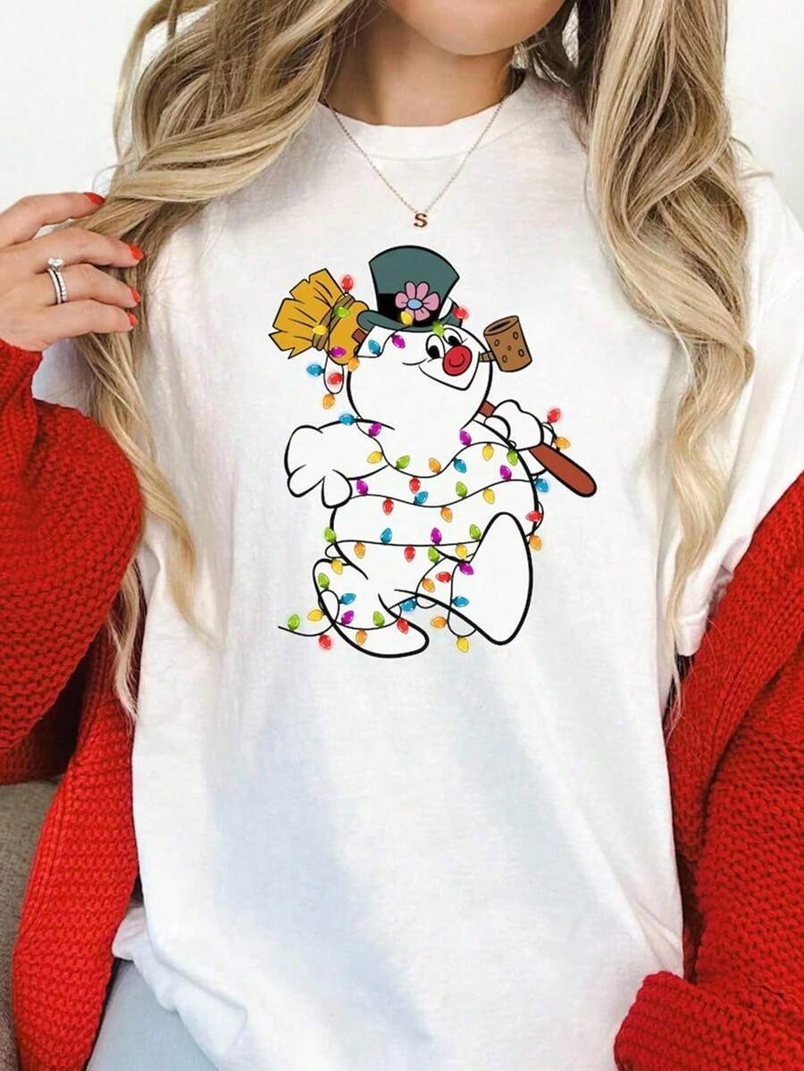 Women’s Christmas Snowman Graphic T-Shirt Cute Cartoon Holiday Print Casual Short Sleeve Crew Neck Cotton Tee