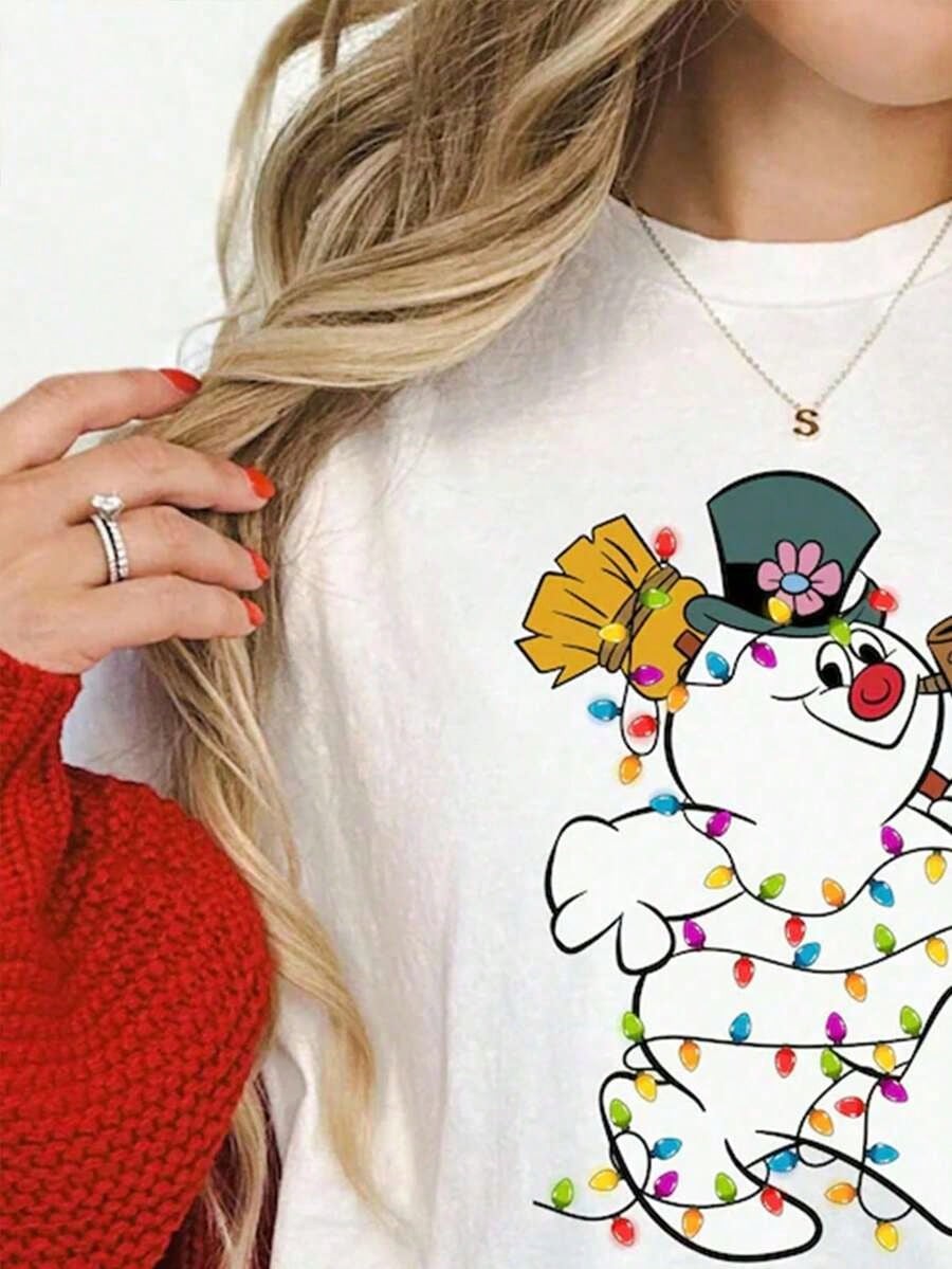 Women’s Christmas Snowman Graphic T-Shirt Cute Cartoon Holiday Print Casual Short Sleeve Crew Neck Cotton Tee