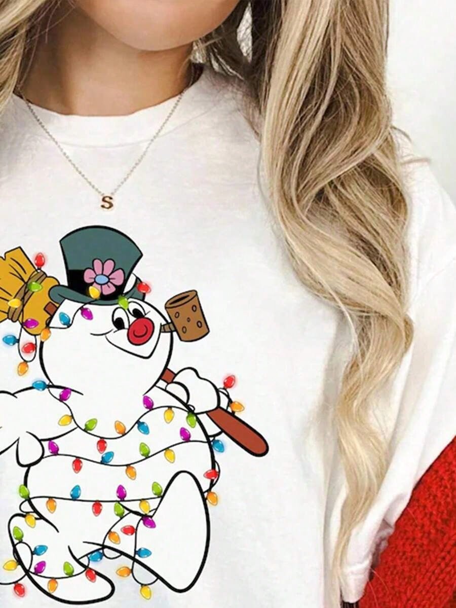 Women’s Christmas Snowman Graphic T-Shirt Cute Cartoon Holiday Print Casual Short Sleeve Crew Neck Cotton Tee