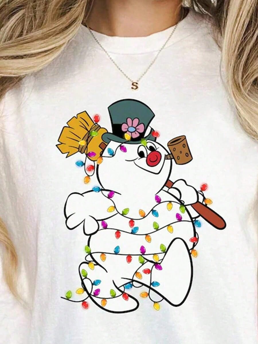 Women’s Christmas Snowman Graphic T-Shirt Cute Cartoon Holiday Print Casual Short Sleeve Crew Neck Cotton Tee