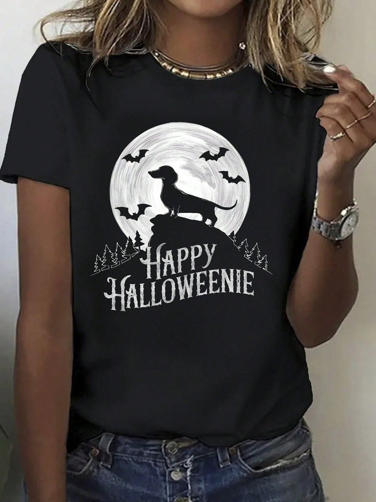 100%, Dachshund Happy Pattern Printed T-Shirt, Spring And Summer Round Neck Short Sleeve Women's T-Shirt, Breathable Casual S Top, Holiday Gift