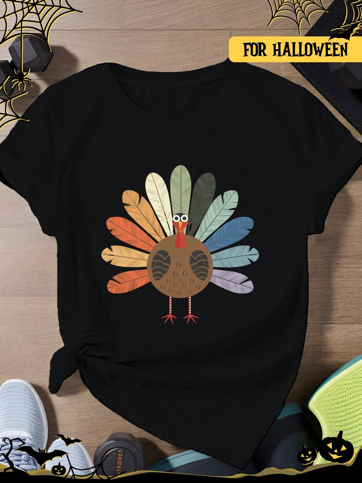 Women's Thanksgiving Turkey Graphic T-Shirt, Cute Cartoon Feather Print Crew Neck Short Sleeve Casual Holiday Tee