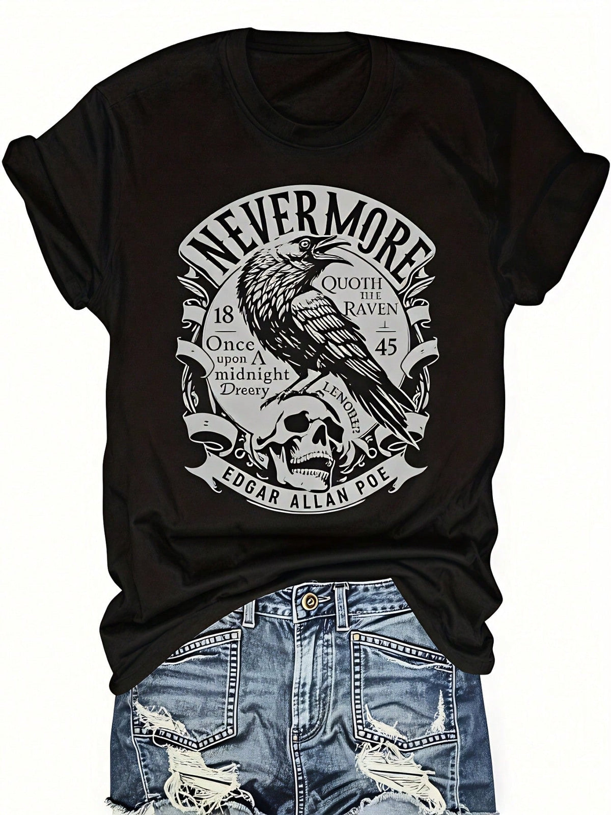 Nevermore Raven Edgar Allan Poe Graphic T‑Shirt, Dark Gothic Literature Casual Short Sleeve Tee