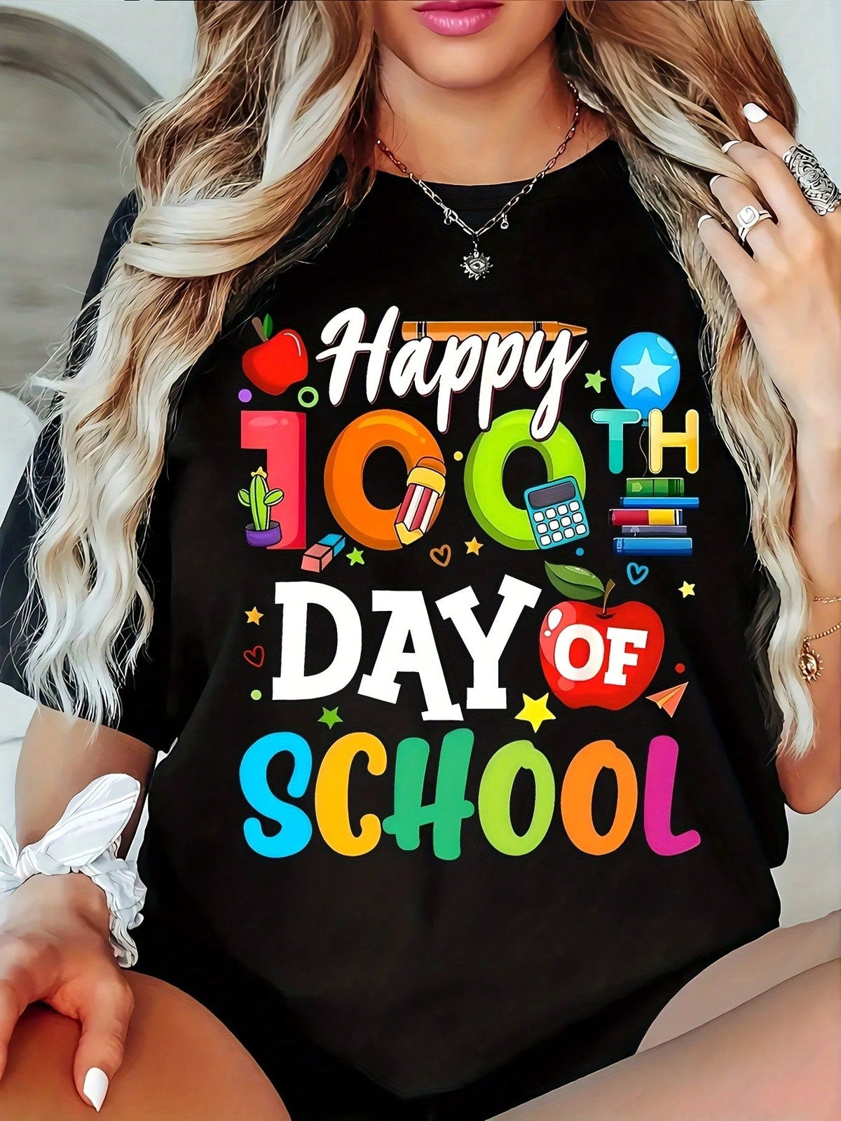 Happy 100th Day Of School T-Shirt - Fun And Colorful Graphic Tee With Playful Design Featuring Apple, Cactus, Pencil, Calculator