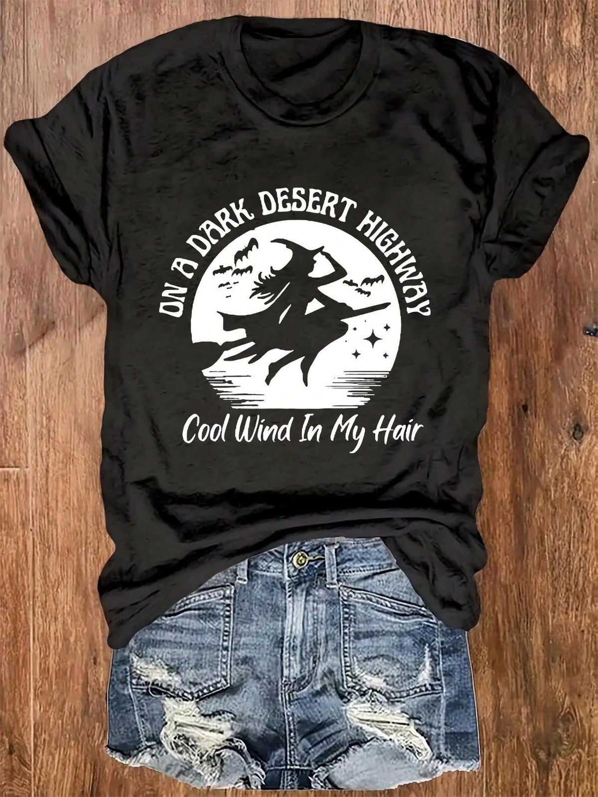 On A Dark Desert Highway Witch Halloween Graphic T‑Shirt, Spooky Season Casual Short Sleeve Tee