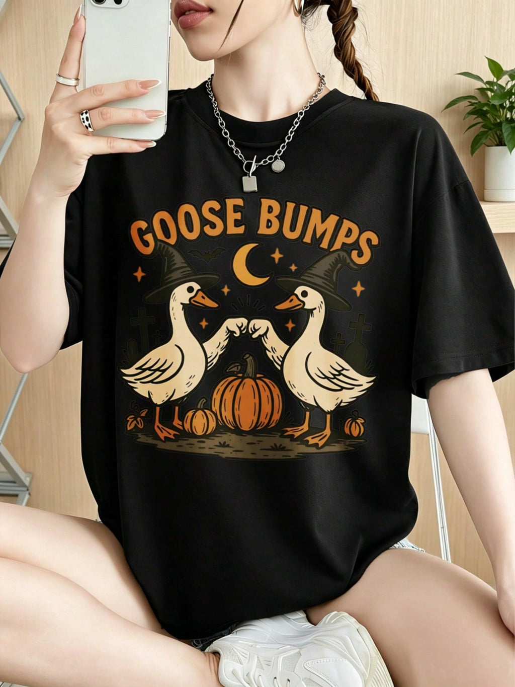 Funny Halloween Graphic, Casual Short Sleeve Top, Women's T-Shirt, Goose Bumps Witch Geese Pumpkin Print
