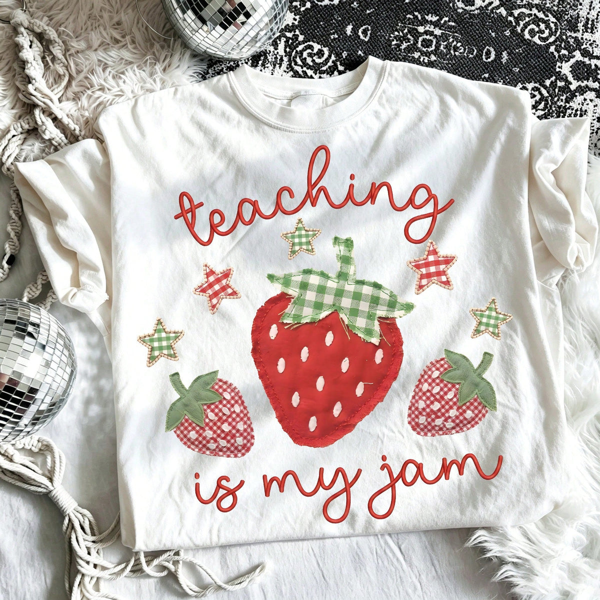 Teaching Is My Jam Strawberry Graphic Tee Retro Patchwork Style Teacher Era Short Sleeve T-Shirt Casual Top