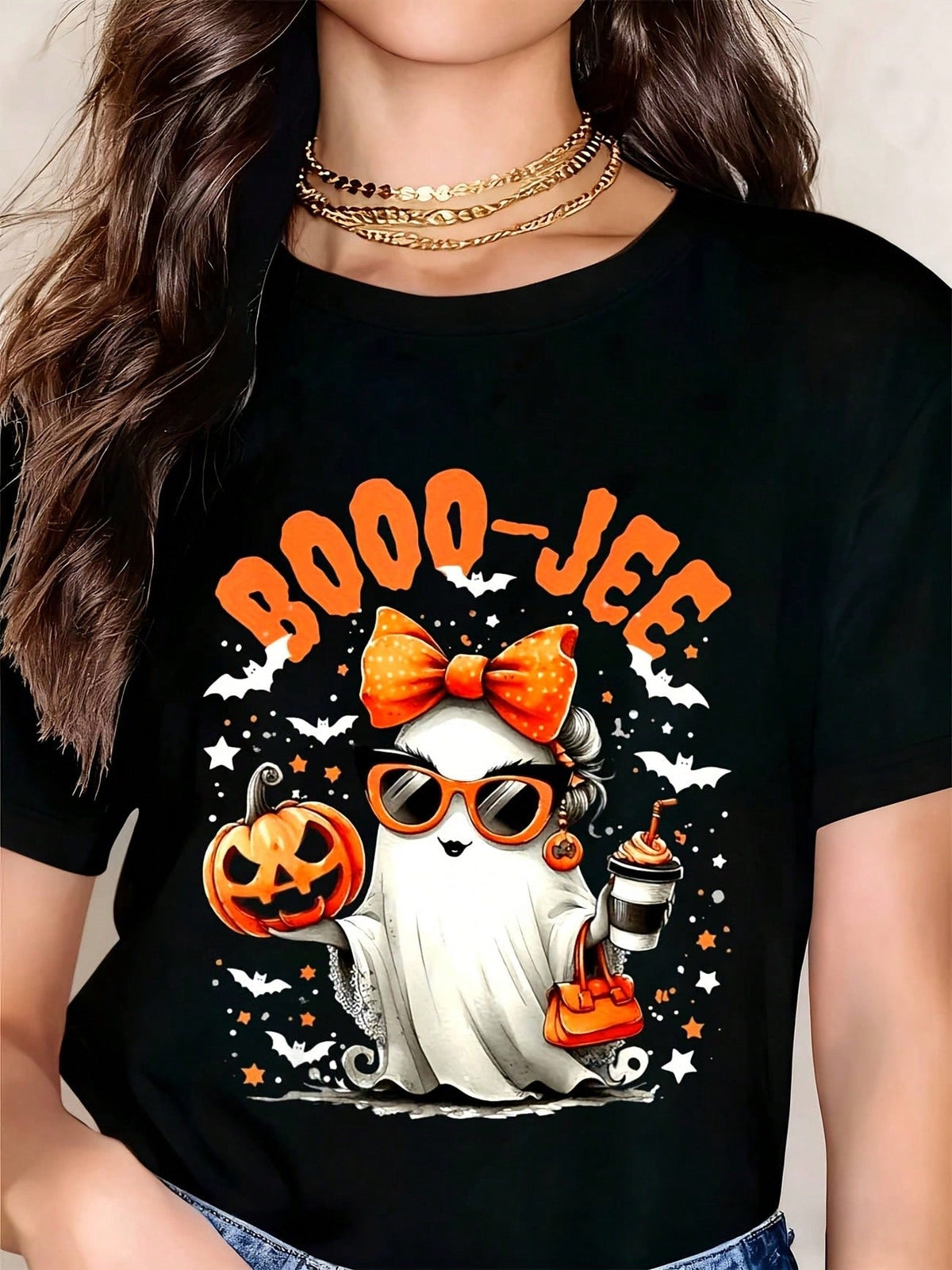 Women Casual Halloween T Shirt Black Boo Jee Ghost With Pumpkin And Coffee Print Party Streetwear Top