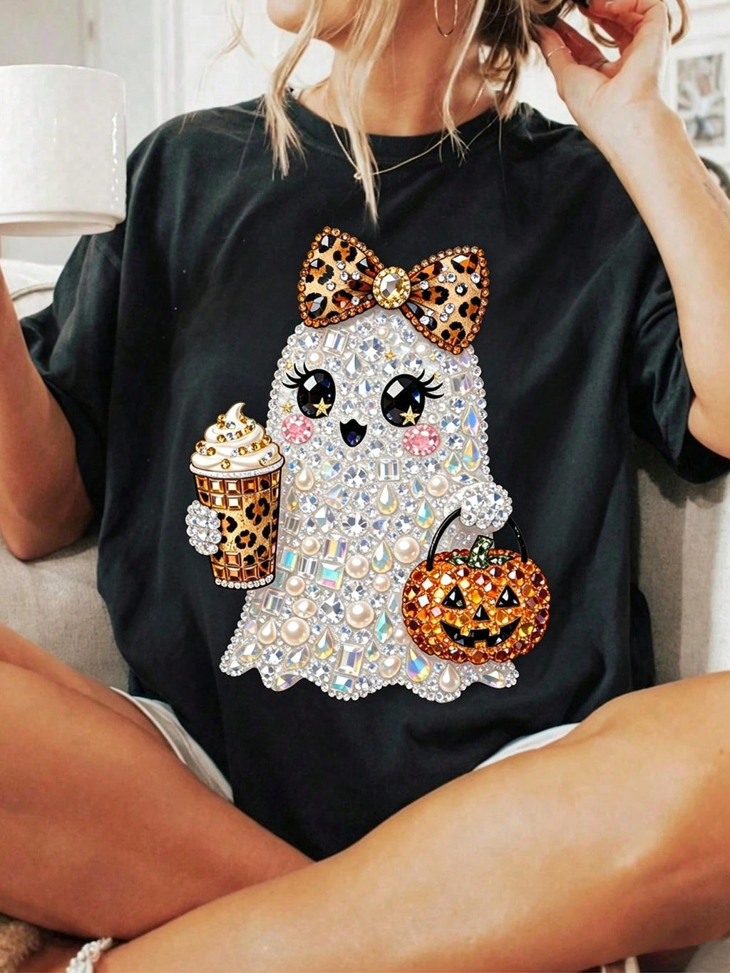 Women Halloween Cute Pearl Ghost Print Crew Neck Short Sleeve Tee,Summer/Fall Halloween Clothing，Women Tshirts