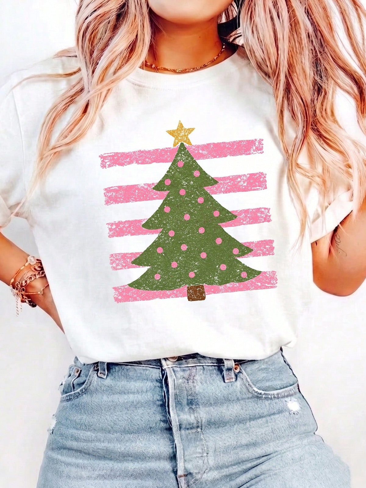 Retro Christmas Tree T-Shirt, Vintage Distressed Pink Stripe Xmas Tree with Gold Star Holiday Graphic Short Sleeve Tee