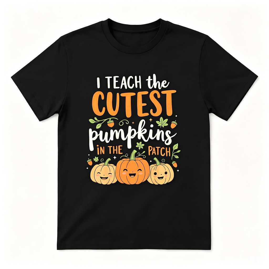 Women’s I Teach The Cutest Pumpkins In The Patch Teacher Graphic Short Sleeve T‑Shirt, Crew Neck Autumn Thanksgiving Casual Tee