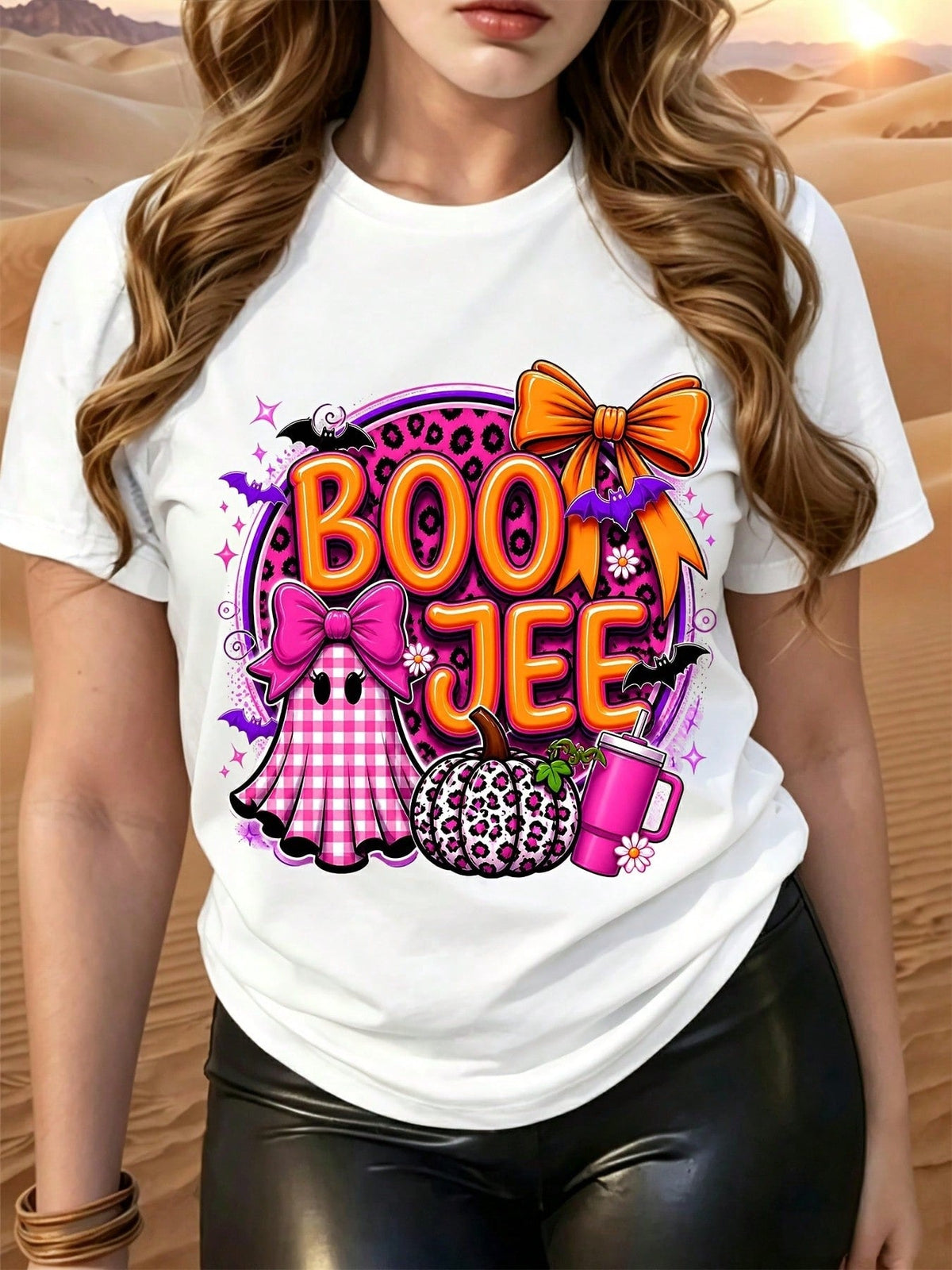 Boo Jee Ghost Pumpkin Leopard Print Bow Halloween Graphic Tee Cute Festival Party Wear Short Sleeve Casual Top