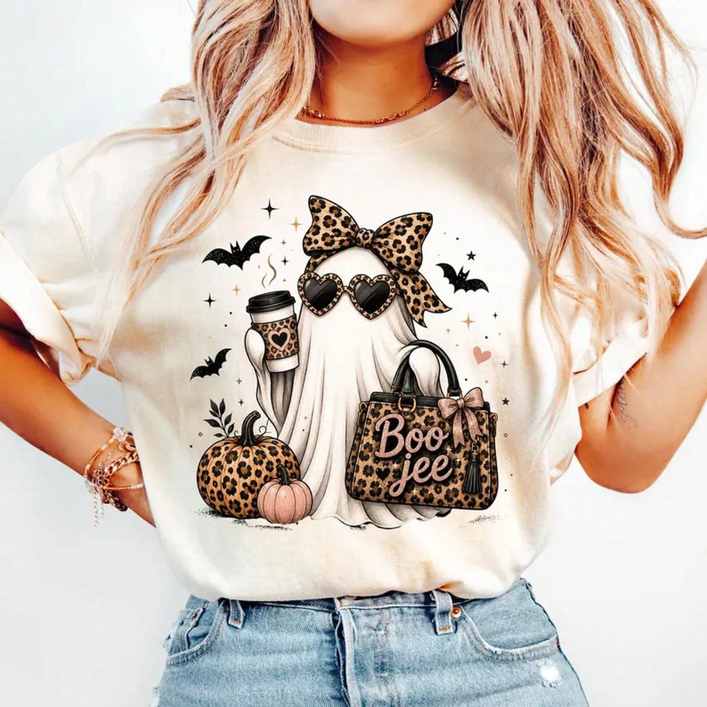 Boo Jee Ghost Shirt, Funny Halloween Coffee Shirt, Leopard Print Ghost Tee, Spooky Season Graphic Tee