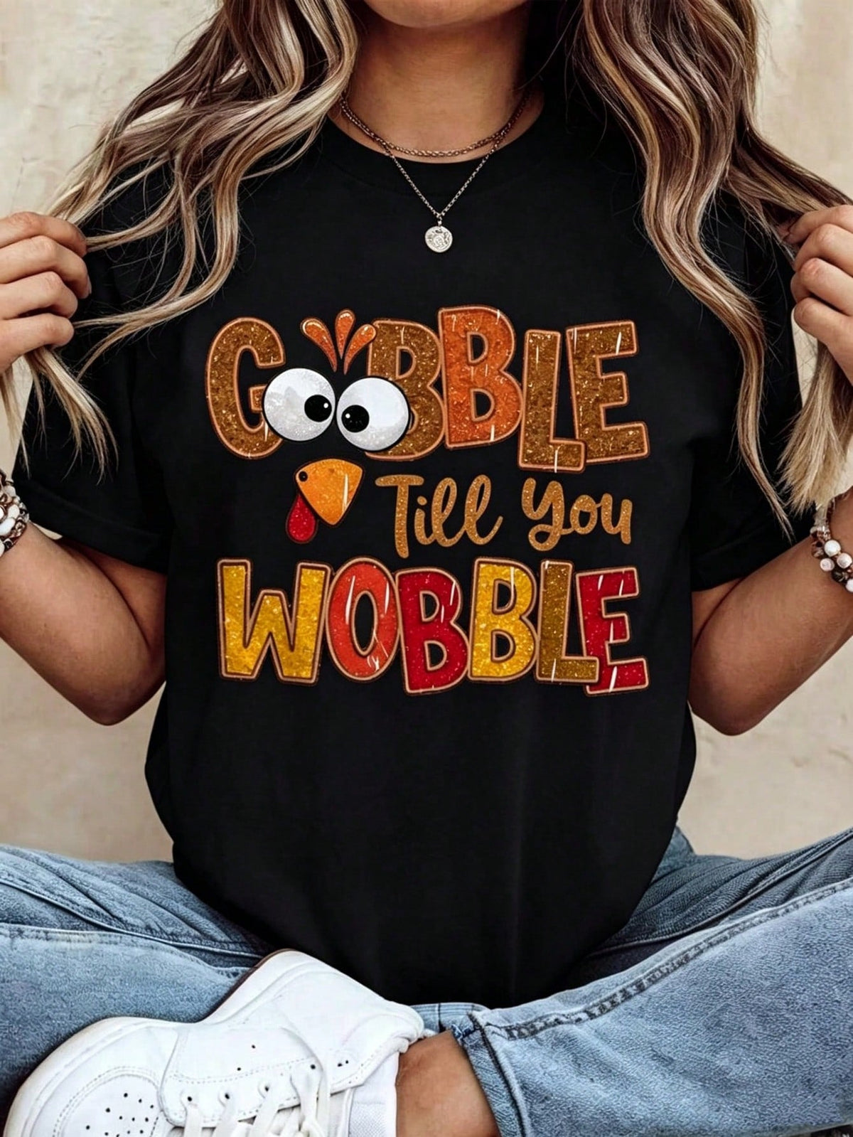 Women’s Thanksgiving Graphic T-Shirt Funny Gobble Till You Wobble Turkey Print Casual Short Sleeve Cute Fall Tee