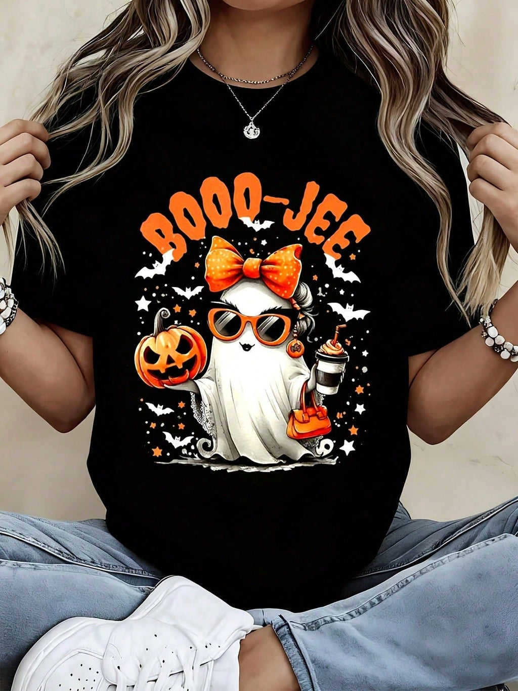 Women Casual Halloween T Shirt Black Boo Jee Ghost With Pumpkin And Coffee Print Party Streetwear Top