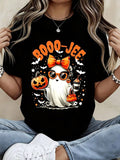 Women Casual Halloween T Shirt Black Boo Jee Ghost With Pumpkin And Coffee Print Party Streetwear Top