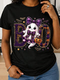 Women's Black T-Shirt, Cute Ghost Boo Plaid Bowknot Pumpkin Halloween Design,Gift For Women Girls Friends Family