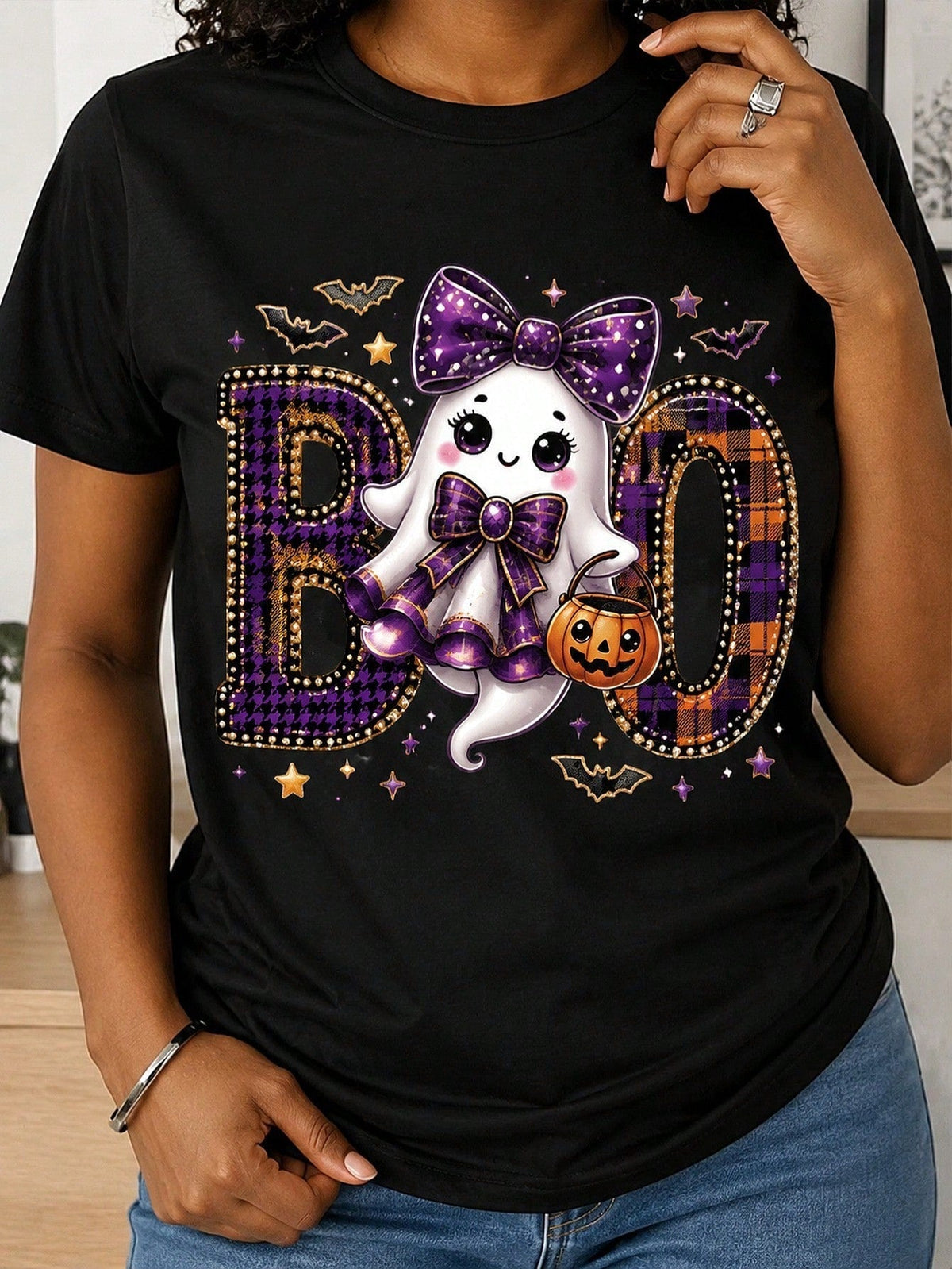 Women's Black T-Shirt, Cute Ghost Boo Plaid Bowknot Pumpkin Halloween Design,Gift For Women Girls Friends Family