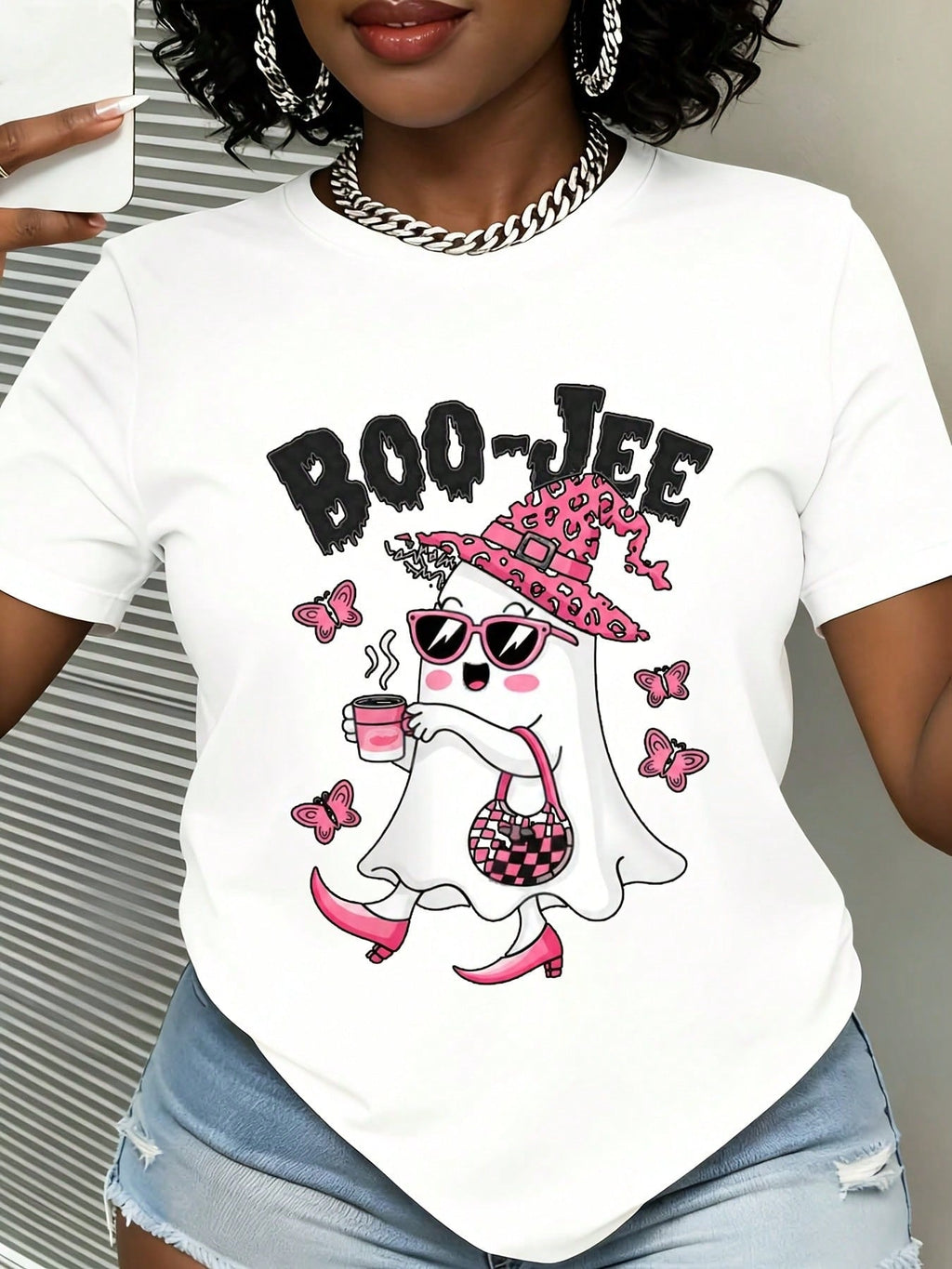 Casual Funny, Women's T-Shirt, Cute Leopard Ghost Boo-Jee Graphic, Halloween Party Casual Wear, T-Shirt For Women