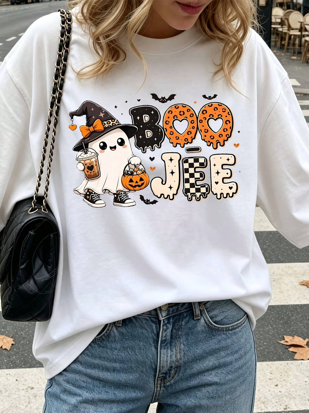 Cute Halloween Graphic Tee Shirt Boo Jee Ghost Pumpkin Design Casual Autumn Streetwear For Women Girls Festival Party Outfit