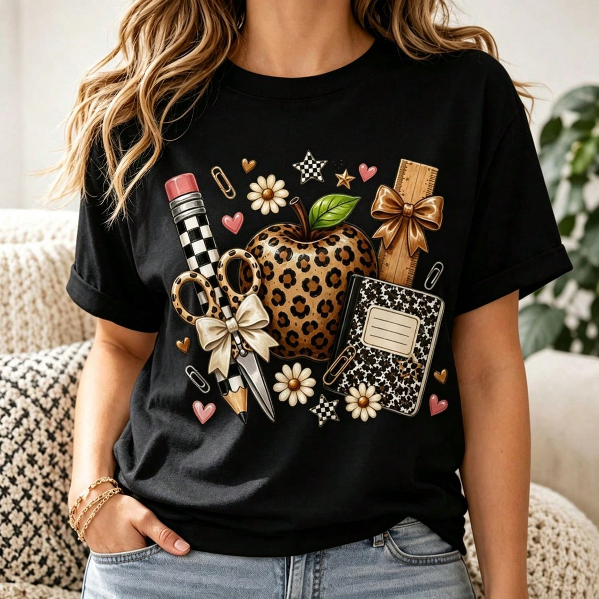 Leopard Teacher Women's T-Shirt Casual Back To School Soft T Shirt Teacher Round Neck Loose Casual Tees Gift For Mom