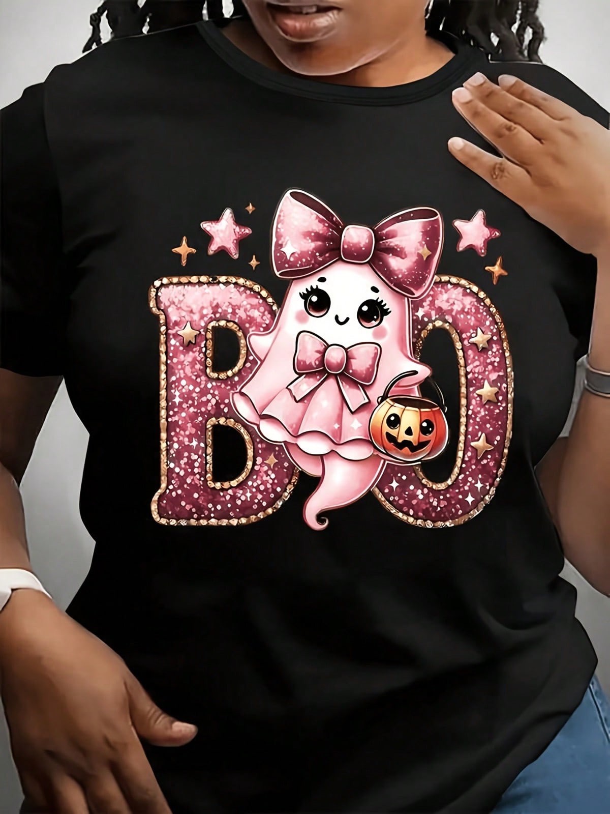 Halloween T-Shirt | Spooky BOO Graphic Tee With Glittery BOO Letters And Pumpkin Design