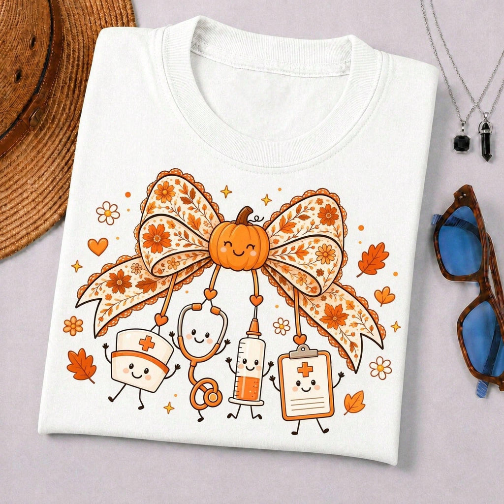 Autumn-Themed Women's Crew Neck T-Shirt – Pumpkin Nurse Graphic Print – Fall Apparel & Halloween Clothing TShirt